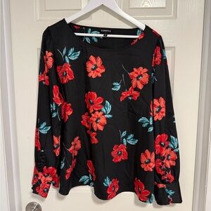 Express Black Blouse with Red Floral Design
